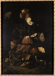 Kukat perhosilla ja liskolla (öljy tammipuulle)
