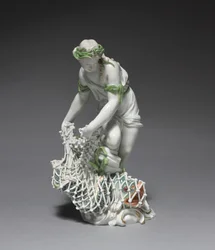 Fisherwoman, valmistaja Ludwigsburg Porcelain Factory, Saksa, n.1765 (posliini emalilla ja kullatulla koristeella)