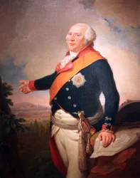 Preussin kuningas Fredrik Vilhelm II:n (1744-1797) muotokuva, jossa on Preussin Mustan kotkan ritarikunnan tähti, vasen käsi lepää Frankfurtin kartan päällä, maisema, jossa Preussin armeija on leiriytynyt Frankfurtin edustalle