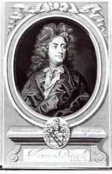 Muotokuva Henry Purcellista (1659-95), englantilainen säveltäjä, kaiverrettu R. Whiten toimesta, 1695.