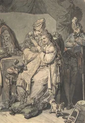 Nainen käymälässä palvelijan, pojan, koiran ja nuoren sotilaan kanssa, versio: Luonnos..., 1770.
