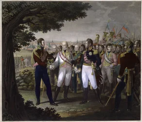 Venäjän tsaari Aleksanteri I (1777-1825), Itävallan keisari Francois I (1768-1835) ja Preussin kuningas Frederic Guillaume (Frederic-Guillaume) III Prahassa 18. maaliskuuta 1813 - Itävallan keisarien Francis I:n ja Aleksanteri I:n tapaaminen Venäjä ja Fre