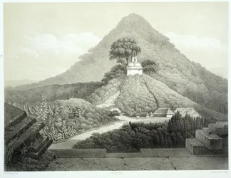 Maalauksellinen näkymä Ristin temppelillä, Palenque, taulu 20 julkaisusta ”Ancient Monuments of Mexico”, kaivertanut Hubert Clerget (1818-99), 1866