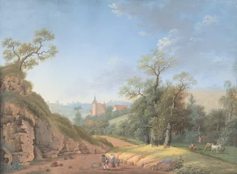 Talonpoikaperhe maisemassa, 1700-1800-luvun loppu.