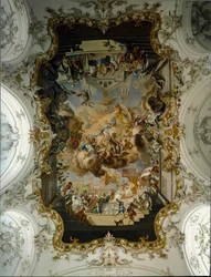 Barokkitide: "Neitsyt pyhien ympäröimänä" Johann Georg Bergmuller (1688-1792) holvin fresko 1736 Augustinusten luostarin kirkko. 1732-1739 Diessen am Ammersee, Saksa