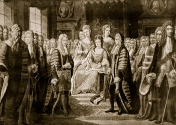 Unionin artiklojen esittäminen kuningatar Annalle, 1706, kuvitus teoksesta "Hutchinsonin kertomus Britannian kansakunnasta", noin 1923