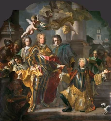 Keisari Kaarle VI (1685-1740) ja kreivi Michael Johann von Althann (1679-1722) (Althann lahjoittaa Charlesille maalausluettelon Stallburgissa Wienissä) - Johann Gottfried Auerbach (1697-1753). Öljy kankaalle