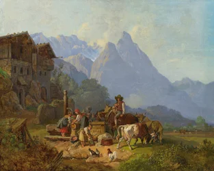 Heinrich Bürkel Vuoristokylä ja suihkulähde c1845