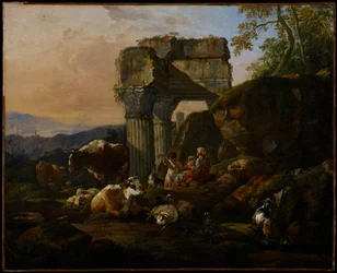 Roomalainen maisema karjan ja paimenten kanssa, 1676