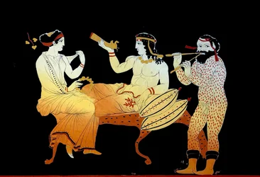 Dionysios, johon osallistui Maenad ja satyyri soittamassa Aulosta n. 1796 (kuparilevykaiverrus)