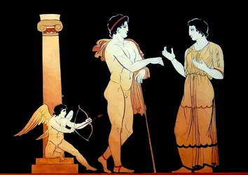 Eros tähtää nuolellaan puhuvaa nuorta paria n. 1796 (Kuparilevykaiverrus)