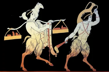 Kaksi faunia kantamassa kunnianosoituksia ja lahjoituksia Dionysia-festivaalille kantopylvään avulla.1796 (Kuparilevykaiverrus)
