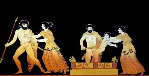 klassinen kohtaus, jonka uskotaan olevan sotilaita, jotka uhkaavat Astyanaxin henkeä, kun hänen äitinsä Andromache yrittää suojella häntä n. 1796 (Kuparilevykaiverrus)