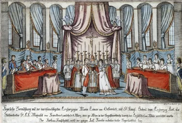 Marie-Louise meni naimisiin Napoleonin kanssa valtakirjalla Wienissä, arkkiherttua Kaarle Napoleonin sijaisena - Loeschenkohl, Johann Hieronymus (1753-1807) - 1810 - Etsaus, akvarelli - 33,4x44,5 - Yksityiskokoelma