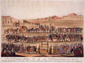 Sulttaani Selim III:n (1761-1808) tulo sapelin ympärille 13. huhtikuuta 1789 - Loeschenkohl, Johann Hieronymus (1753-1807) - 1789 - Etsaus, akvarelli - 38,6x50,2 - Yksityiskokoelma