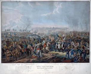 Leipzigin taistelu (Kansakuntien taistelu), lokakuussa 1813. Itävaltalainen sotamarsalkka Schwarzenberg (1771-1820) ilmoittaa liittoutuneiden voitosta Leipzigin taistelussa Saksan keisari Frans II:lle (= Itävallan Frans I; 1768 - 1835) ja tsaarille