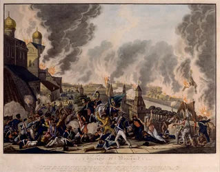 Moskovan polttaminen 15. syyskuuta 1812. Grande Armee (Ranska) hyökkäsi Venäjän kaupunkiin (Napoleonin sodat