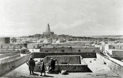 Timbuktu Matkustajan talon terassilta, 1857-58 ilmestyneestä "Matkoja ja löytöjä Pohjois- ja Keski-Afrikassa" -julkaisusta