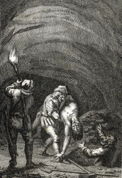 Morte de Guilherme II da Holanda morto pelos frísios, que secretamente o enterraram sob o chão de uma casa Gravura de Johann Michael Mettenleiter (1765-1853) 1800 Coleção particularfinlandês