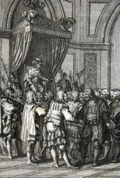 Vilhelm I:n (tai Vilhelm II:n, Hollannin kreivi) (1227-1256) esitys vuonna 1255 (Hollannin kreivi Willem II myönsi etuoikeuksia) Johann Michael Mettenleiterin (1765-1853) kaiverrus 1800 Yksityinen kokoelma