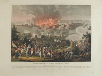 Kööpenhaminan pommitus, 2.-5. syyskuuta 1807, värillinen akvatinta J. Laurent Rugendasin toimesta, julkaisija J. Laurent Rugendas, Augsburg, 1807