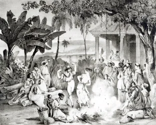 Landu Dance, kaiverrus Victor Adam ja Monthellier (litho) (bw kuva)