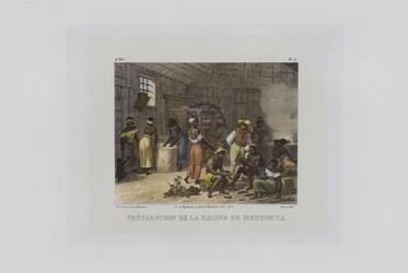Mandiokan juurien valmistus. Kuvankauniista matkoista Brasiliassa, 1830-1835.
