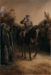 Kenraali lordi Kitchener tekee kunniaa ratsastaessaan seisovien ja hattunsa riisuvien buurijohtajien ohi, 1902