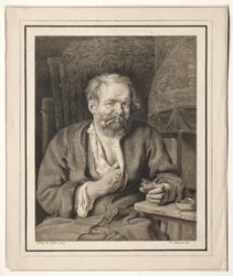 Talonpoika istuu pöydässä, polttaa piippua, 1817-1821.