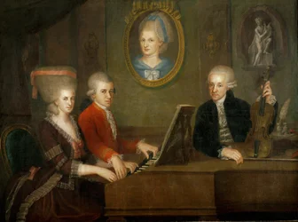 Mozartin perhe: Wolfgang ja hänen sisarensa Nannerl pianon ääressä, isä Leopold Mozart viulun kanssa... (öljy kankaalle)