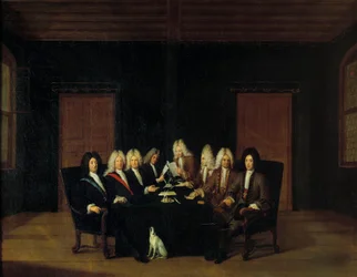Espanjan perintösota: "" Valtuutetut kokoontuivat Marechalin Villarsin herttua ja Savoy-Carignanin prinssi Eugene (Savoie Carignan, Soissonsin kreivi (1663-1736) ympärille rauhankongressissa Bordenissa 7.9.1714" ” Johan Rudolin maalaus