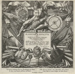 Jupiter en een oorlogsschip tapasi Alessandro Farnesen Titelprent van een prentserie over de influence van de planeten over streken Planeettojen ja niiden merkkien vaikutukset horoskoopissa (sarjan nimi) Planetarvm Effectvs ja eorvm horoskooppimerkeissä (s