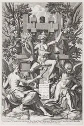 Bacchus istuu tynnyrillä Amorin ja musiikin välissä, n. 1590.