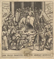 Miehet keräävät muulin takaneljänneksistä pudonnutta lantaa, ratsastaja istumassa..., 1592-1614.
