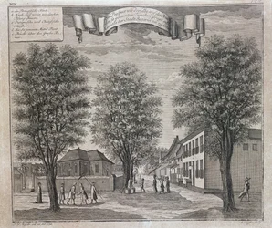 Portugalilainen kirkko sekä kiinalaiset ja eurooppalaiset talot kadulla Bataviassa, sarjasta Batavian näkemyksiä "Schau-platz von Africa und Ost-Indien", joka julkaistiin Nürnbergissä vuonna 1744