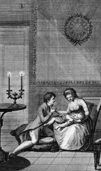Wilhelm Meisterin lohduttama Aurelie, kuvitus Wilhelm Meisterin oppisopimuskoulutukseen, Johann Wolfgang von Goethen (1749-1832) romaani, kaiverrus vuonna 1802 julkaistusta pariisilaisesta painoksesta