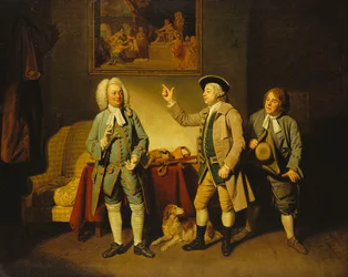 Kohtaus Isaac Bickerstaffen teoksesta "Rakkautta kylässä", 1. näytös, 2. kohtaus, Edward Shuter rauhantuomari Woodcockina, John Beard Hawthornina ja John Dunstall Hodgena