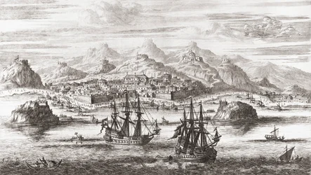 Hollantilaiset laivat Muscatin edessä Omanissa 1600-luvulla (tulostus)