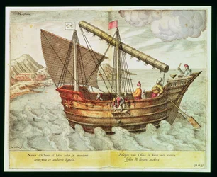 Kiinalainen roskaposti, kuvitus teoksesta "Jan Huyghen van Linschoten, His Course of Voyages into the East and West Indies", 1579-92 (kaiverrus)