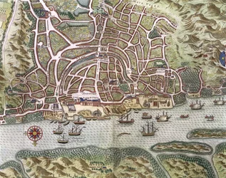 Kartta Goan kaupungista ja portugalilaisesta satamasta, Intia, yksityiskohta satamasta ja kauppamerenkulusta, 1595, kaiverrettu yksityiskohta 110750:stä.