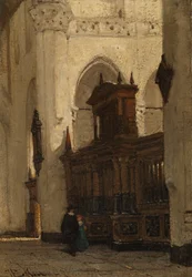 Hahmot Nieuwe Kerkin kuoron kuvaruudun äärellä, Delft, noin 1839-91 (öljy paneelille).