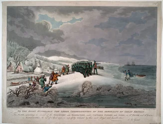 Päätöslauselman ja löydön saapuminen Kamtšatkan itärannikolle kapteenien Charles Clerken (1740-1779) ja John Goren (mort en 1790) johdolla - Eckstein, Johannes (1735-1817) - 1779 - Akvatinta - 51x65,8 - Yksityiskokoelma
