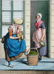 Maitoa ja vihanneksia myyvä nainen, kuvitus Villeneuven kaiverruksesta "Collections des Costumes des Provinces Septentrionales du Royaume des Pays Bas...".