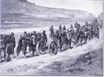 Kenttäasepatteri matkalla Ichoniin, kuvitus Cassellsin Venäjän ja Japanin sodan historiasta, osa 1, n. 1900