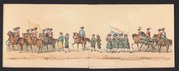 Groningenin ammattikorkeakoulun opiskelijoiden historiallinen kulkue, 1850 (taulu 2) H.H:n pukeutunut esitys Mauritsista, Orangen prinssistä, Nassaun kreivistä jne. ja Willem Lodewijk, Nassaun kreivi Groningenissa vuonna 1594