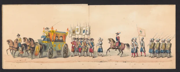 Groningenin ammattikorkeakoulun opiskelijoiden historiallinen kulkue, 1850 (taulu 4) H.H:n pukeutunut esitys Mauritsista, Orangen prinssistä, Nassaun kreivistä jne. ja Willem Lodewijk, Nassaun kreivi Groningenissa vuonna 1594