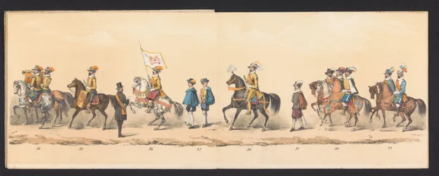 Groningenin ammattikorkeakoulun opiskelijoiden historiallinen kulkue, 1850 (taulu 5) H.H:n pukeutunut esitys Mauritsista, Orangen prinssistä, Nassaun kreivistä jne. ja Willem Lodewijk, Nassaun kreivi Groningenissa vuonna 1594