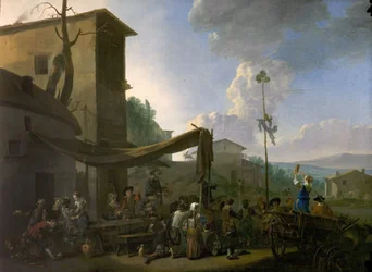 Kyläjuhla, talonpoikien iloitseminen majatalon ulkopuolella, 1650-luvun alku
