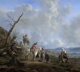 Maisema ratsastajien, metsästäjien ja talonpoikien kanssa