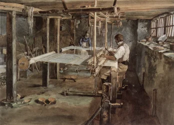 Appenzell-kutojapariskunta työskennellyt kutomakoneilla, noin 1830